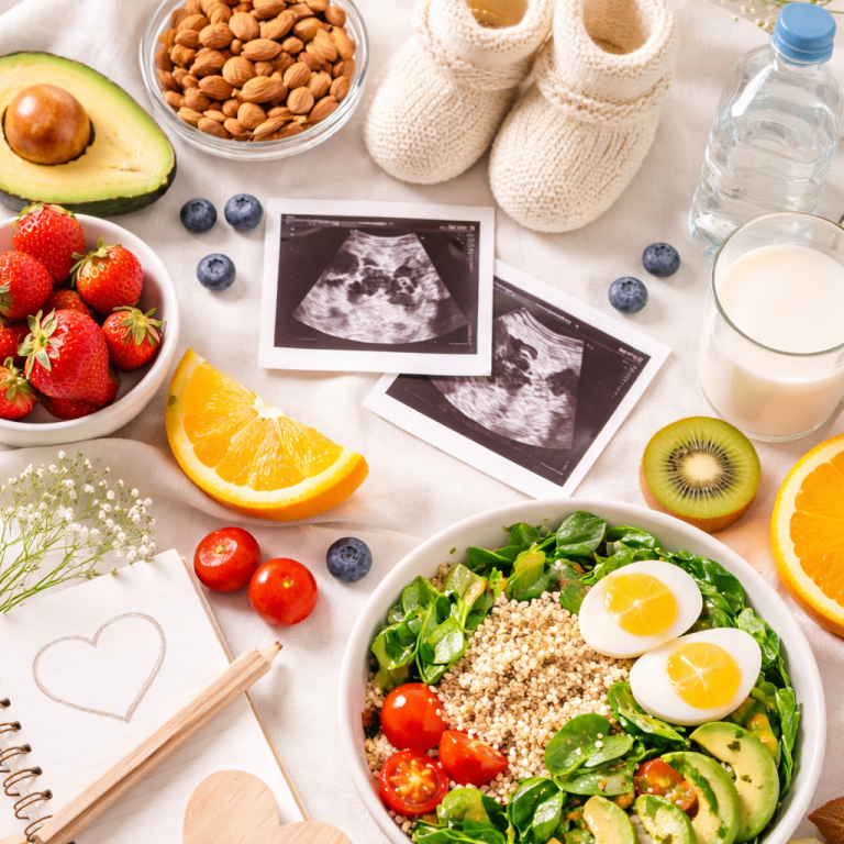 Gesunde Ernährung bei Kinderwunsch und Schwangerschaft; Ultraschallfoto, Babyschuhe, gesunde Lebensmittel