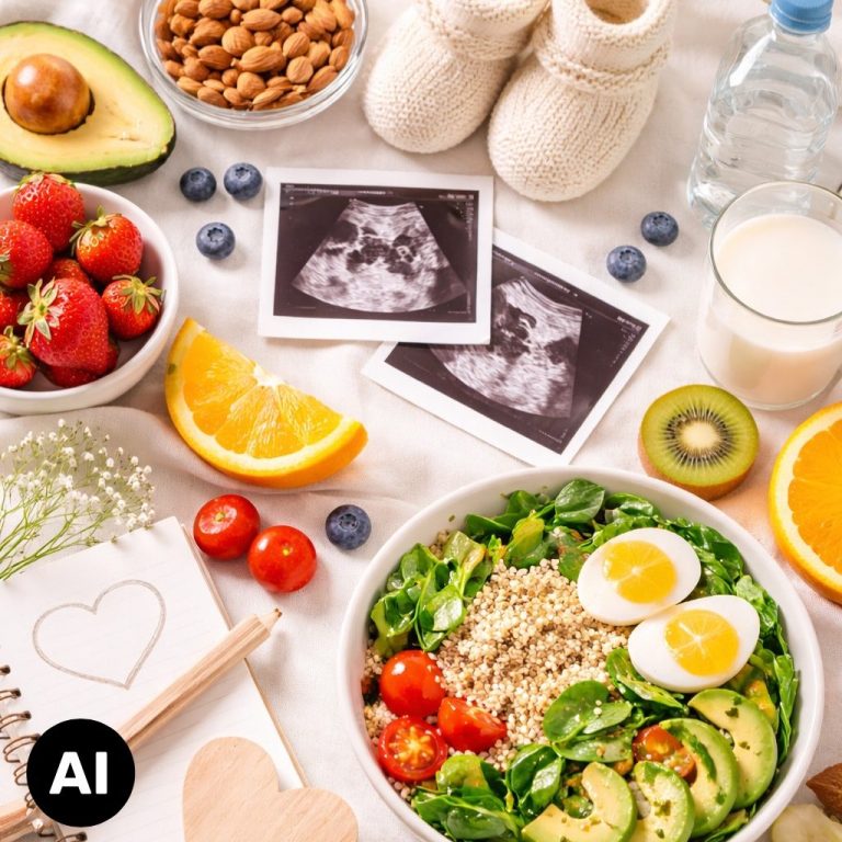 Gesunde Ernährung bei Kinderwunsch und Schwangerschaft; Ultraschallfoto, Babyschuhe, gesunde Lebensmittel