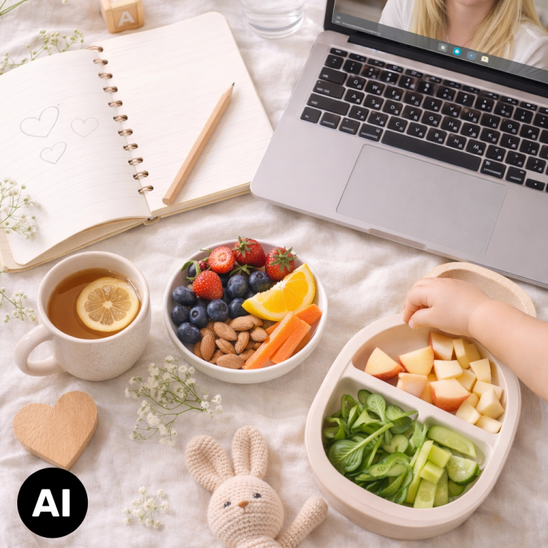 Laptop, Notizbuch, gesunder Snackteller-Online-Beratungs-Setting